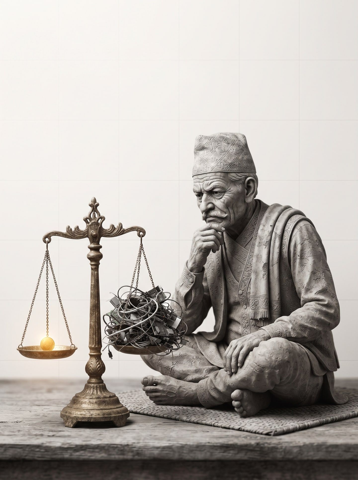 Stone sculpture of an elderly man in a dhaka topi, sitting on a mat and weighing a tangle of cables against one gold ball on a balance scale.