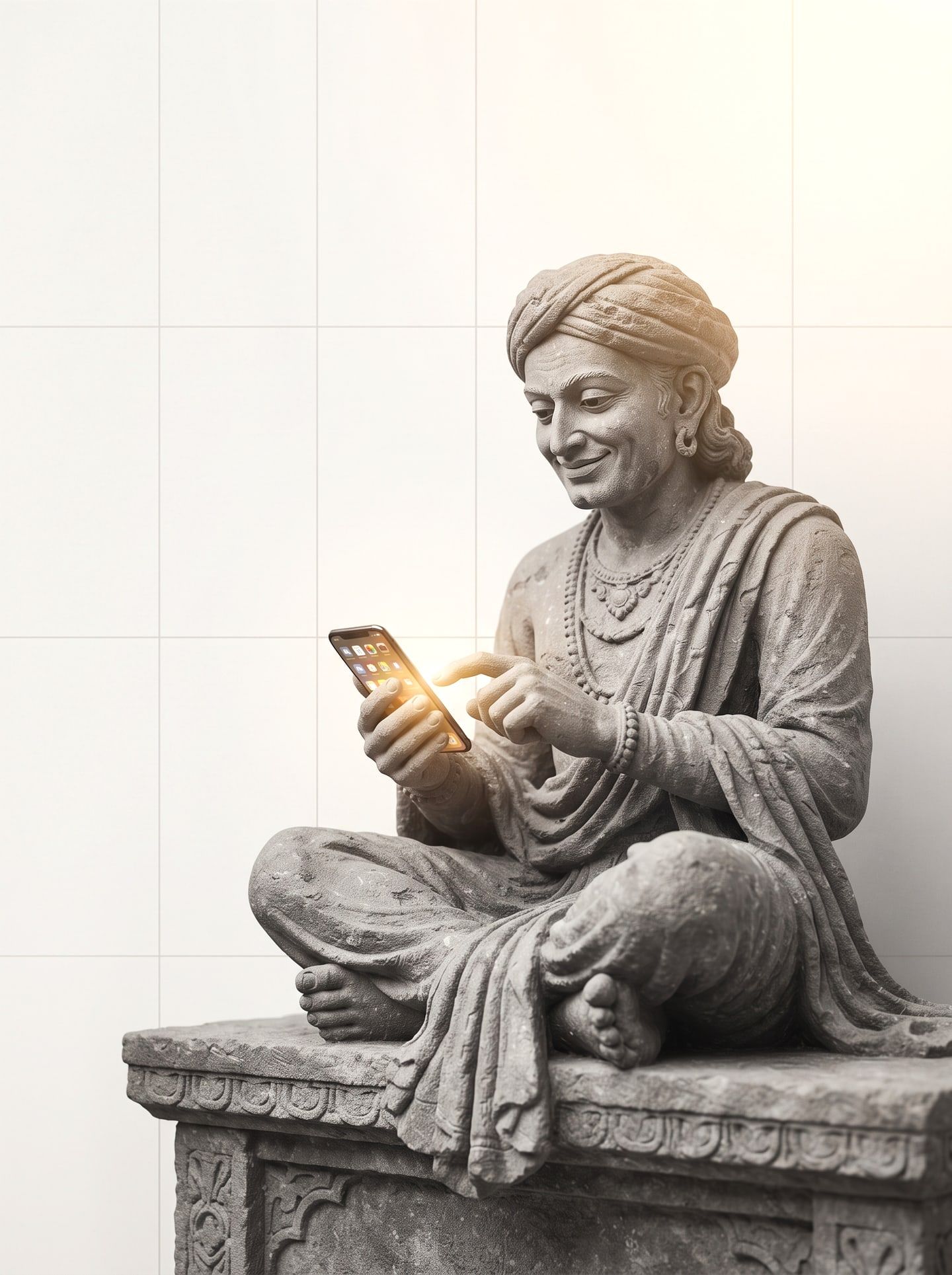 Stone sculpture of a smiling man in a turban, sitting cross-legged on a carved plinth and tapping a glowing smartphone.