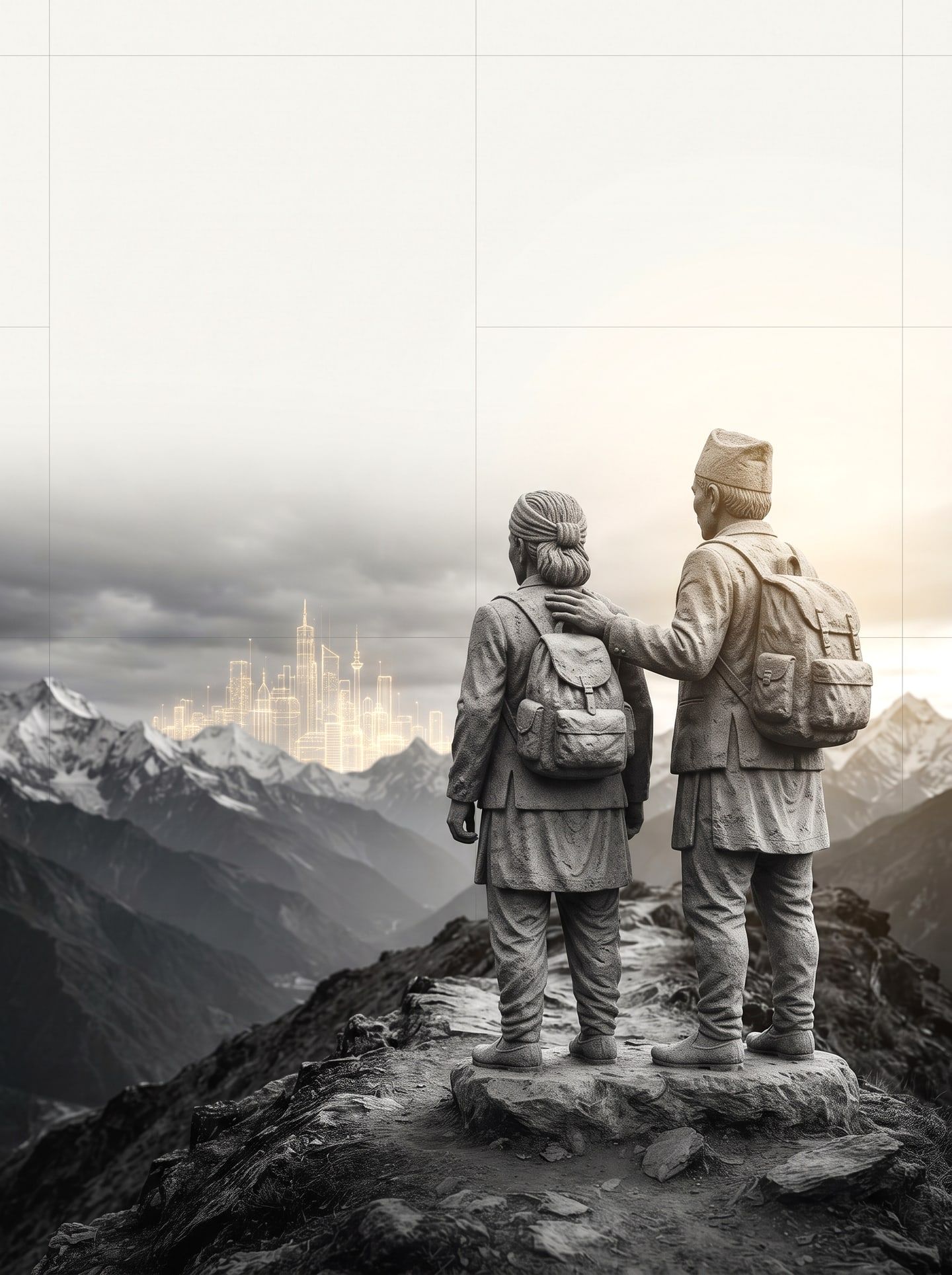 Two stone figures with backpacks on a mountain ridge, one in a dhaka topi resting a hand on his companion's shoulder, looking across Himalayan peaks toward a glowing city.