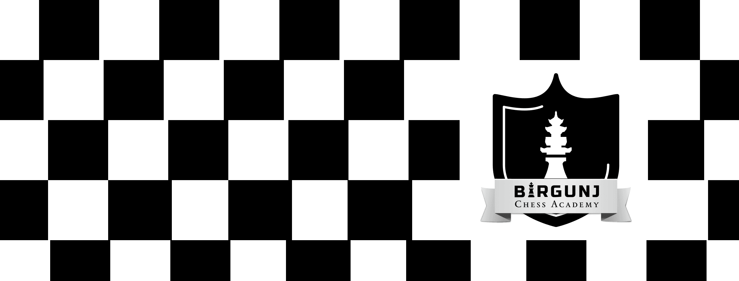 Birgunj Chess Academy banner: a black-and-white chessboard pattern with the academy's shield crest, showing a chess piece shaped like a pagoda.
