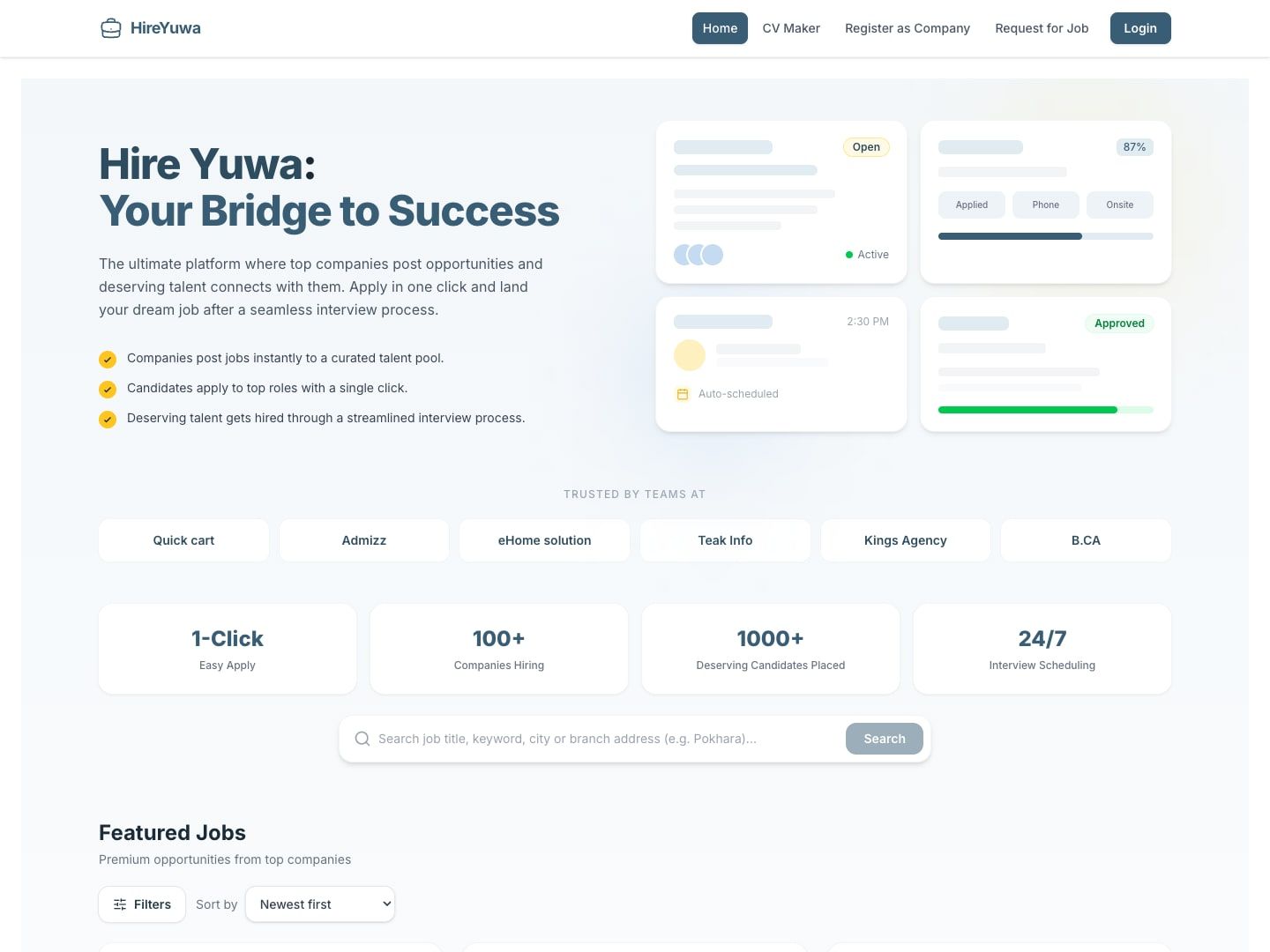 Hire Yuwa homepage: the headline 'Your Bridge to Success', a job search bar and featured job listings.
